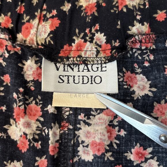 Vintage 90s Floral Button Front MaxiSkirt Black Red Ditsy Print A-Line Lg - Picture 7 of 10